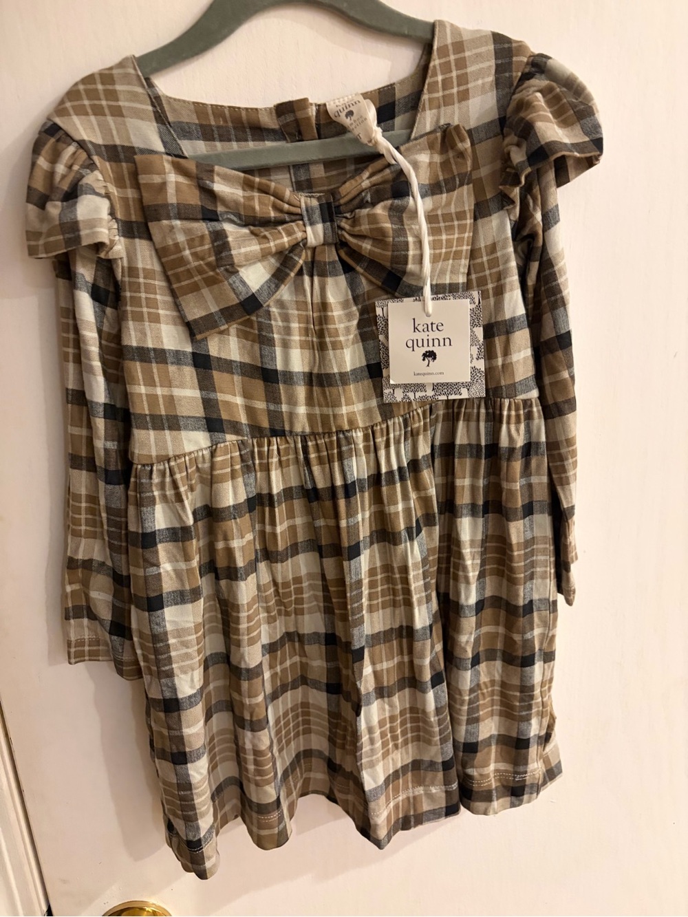 kate quinn Neutral Bamboo Brown Black & Ivory Plaid Front Big Bow Dress, 3T, NWT